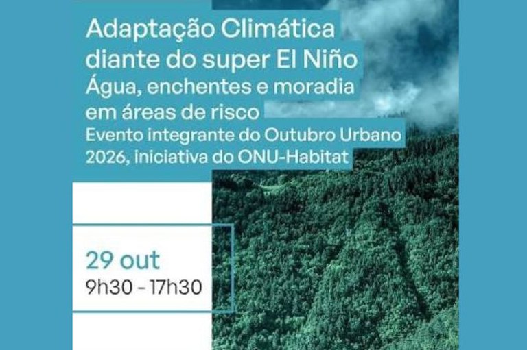 Arte do evento, com uma imagem de floresta num fundo azul. Sobre a imagem, em letras brancas, se lê o título do evento, "Adaptação Climática diante do super El Niño", e o dia -- 29/10.