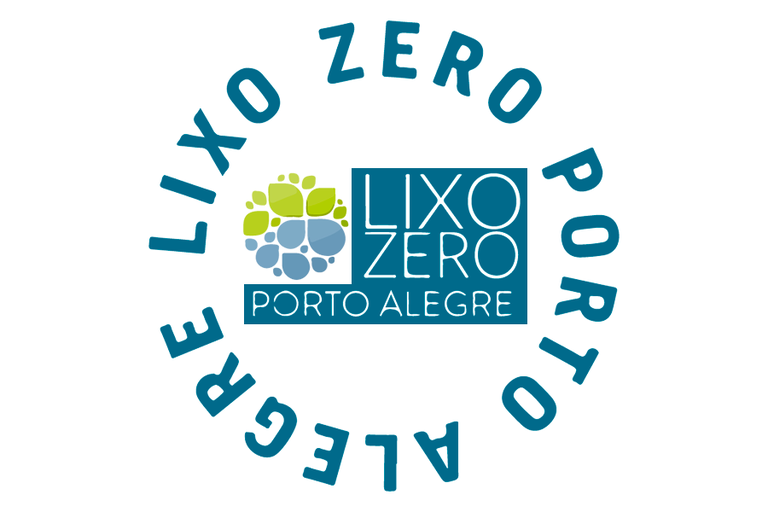 Arte horizontal com fundo branco. No centro, o texto "LIXO ZERO PORTO ALEGRE" em azul-petróleo forma um contorno circular. Dentro desse círculo, à esquerda, há um ícone redondo que lembra folhas nas cores verde e cinza. À direita dele, está escrito Lixo Zero na cor branca e, abaixo desses elementos, Porto Alegre, também branco, todas essas palavras escritas sobre um fundo azul escuro.