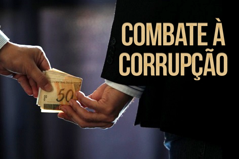 Arte retangular com foto de um homem repassando notas de cinquenta a outro homem, que recebe o dinheiro por trás das costas