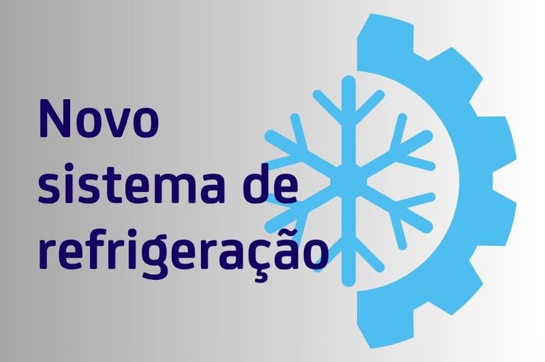 A imagem possui fundo cinza com os dizeres: "Novo sistema de refrigeração", à esquerda e na cor azul escuro; e o símbolo da refrigeração à direita, na cor azul claro.