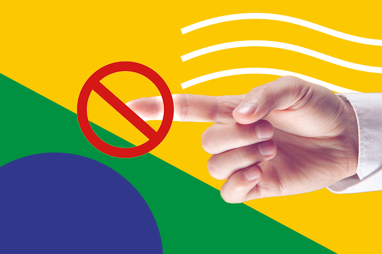 Ilustração com fundo nas cores amarelo, verde e azul, mostrando uma mão de camisa branca apontando o indicador para um símbolo vermelho de proibição.