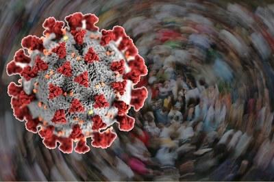 Para cegos: Desenho de computador da morfologia estrutural do vírus de coronavírus sobre imagem de multidão de pessoas