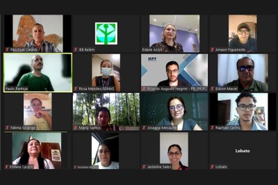 #ParaTodosVerem: Captura de tela (printscreen) de videoconferência em que há mosaico quadriculado com rostos ou imagens de nomes de 16 participantes de reunião on-line.