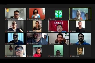 #ParaTodosVerem: Imagem retangular com captura de tela (printscreen) de videoconferência em que há mosaico quadriculado com rostos ou imagens dos 16 participantes da reunião online
