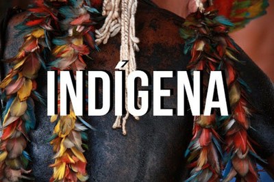 #PraCegoVer #PraTodosVerem: Em destaque no centro da imagem se lê a palavra Indígena na cor branca em sobreposição a uma fotografia das costas de um homem indígena adulto, com adornos de penas e tinta escura na pele
