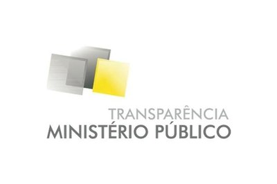 Texto: Transparência Ministério Público, com duas formas quadradas cinzas e uma amarela, sendo uma delas semitransparente.