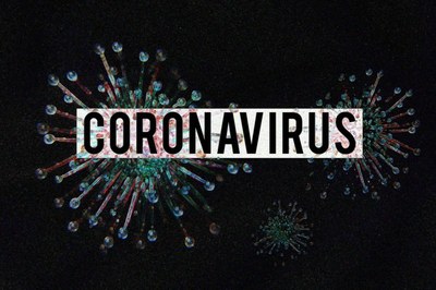 Desenho da morfologia estrutural do vírus de coronavírus, e a palavra Coronavírus