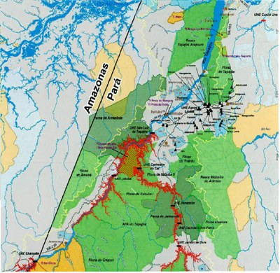 Mapa mostra usinas e pequenas centrais hidrelétricas estudadas ou planejadas na bacia do Tapajós