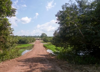 Estrada construída pelas madeireiras dividiu lago importante para sobrevivência das famílias (foto: Ítala Tuanny Rodrigues Nepomuceno, em relatório feito para o MPF)