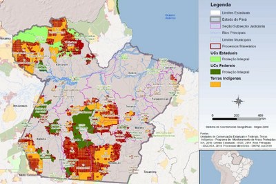 Mapa do Pará com localização e nomes das terras indígenas. Essas áreas estão cheias de quadrados, que representam processos minerários sobrepostos às terras indígenas.
