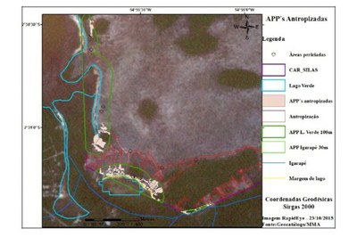 Mapa com fundo escuro e contornos em várias cores que indicam onde houve desmatamento ilegal na área do sítio Bom Futuro, em Santarém, no Pará, que prejudicou igarapés, margens do Lago Verde e outras áreas de preservação ambiental obrigatória.