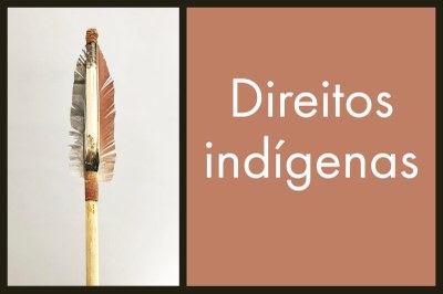 Arte com a foto de uma flecha à esquerda. Do lado direito um quadro na cor marrom, em branco está escrito Direitos Indígenas 