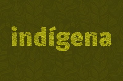 #PraTodosVerem: Arte retangular com fundo marrom escuro, que traz desenhos de folhas em traços, e a palavra "Indígena" escrita em amarelo claro