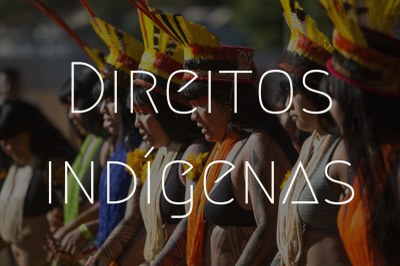 Foto de mulheres indígenas juntas, perfiladas, aparentemente cantando ou rezando. Usam cocares nas cores amarelo, preto e vermelho, tintura vermelha nos rostos e traços pretos nas demais áreas dos corpos. Acima da foto está escrito Direitos Indígenas, na cor branca.