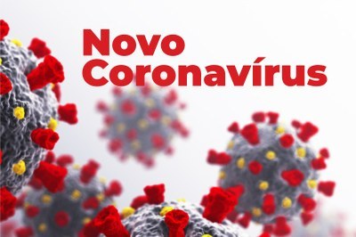 #pracegover Representações de vírus nas cores vermelha, amarela e cinza, num fundo branco, com as palavras novo coronavírus em vermelho