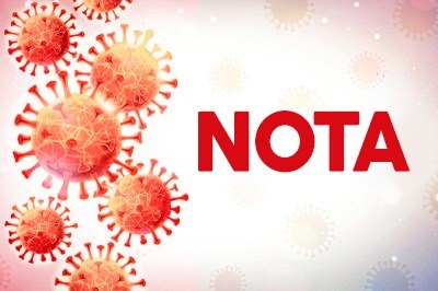 A imagem contém desenhos do coronavírus e a palavra NOTA na cor vermelha