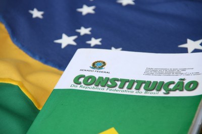 A imagem mostra parte de bandeira brasileira e um livro com uma foto de parte da bandeira brasileira na capa. O livro tem a palavra CONSTITUIÇÃO.