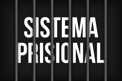 Arte retangular preta com as palavras Sistema Prisional escritas em branco atrás de barras que imitam grandes de uma cela de prisão