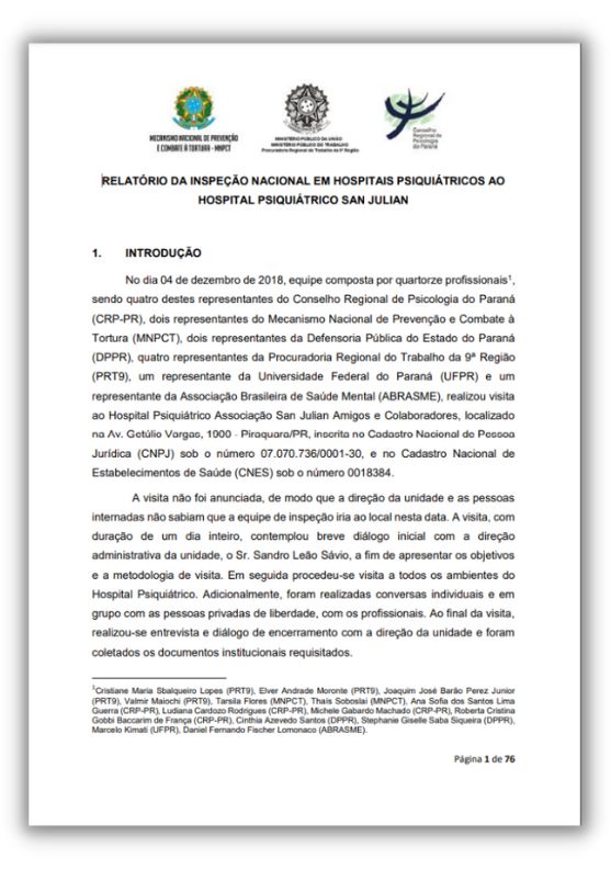 Relatório da inspeção no Hospital Psiquiátrico San Julian, Piraquara-PR, 2018