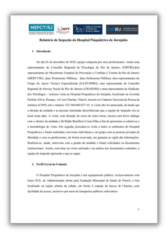 Relatório da inspeção no Hospital Psiquiátrico de Jurujuba, RJ, 2018