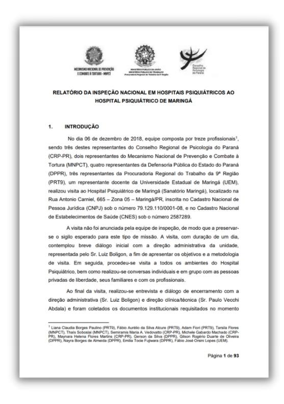 Relatório da inspeção no Hospital Psiquiátrico de Maringá, Paraná, 2018