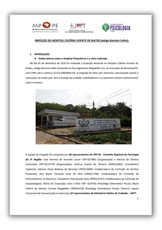 Relatório de Inspeção no Hospital Colônia Vicente de Matos, Barreiros-PE, 2018