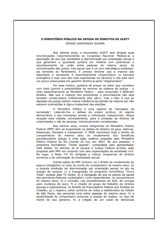 O Ministério Publico na defesa dos direitos GLBTT, Sergio Suiama,  2006