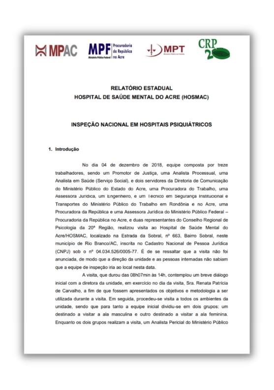 Relatório da inspeção no hospital de saúde mental do Acre - Hosmac, 2018