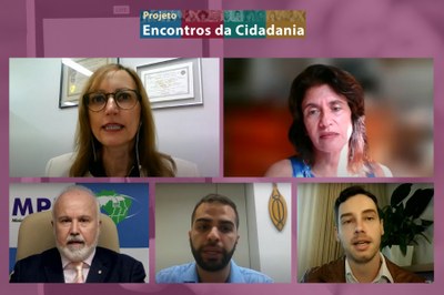 Imagem dos participantes do webinário, com o fundo lilás e no topo escrito: Projeto Encontros da Cidadania. 