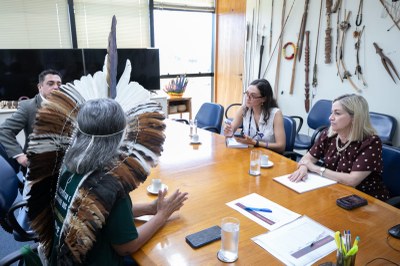 Foto de indígena com cocar de costas sentado numa mesa de reuniões com duas mulheres brancas e um homem de terno