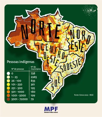 Infográfico do mapa do Brasil apresentando o número de pessoas indígenas por região do país e número de municípios brasileiros com indígenas em sua população, a partir de dados do Censo 2022 do IBGE.  De acordo com o mapa, as regiões Norte e Nordeste lideram em números de pessoas indígenas, seguidas do Centro-Oeste, Sudeste e Sul. 
