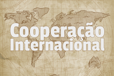 arte retangular sobre imagem do mapa múndi. está escrito na cor branca: cooperação internacional.
