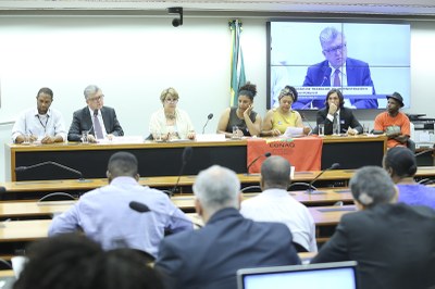 Foto da audiência pública na Câmara dos Deputados, mostrando a mesa principal e parte do público presente. 