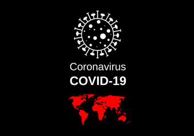 Arte com fundo preto. Em cima há um desenho na cor branca de coronavírus. Ao centro centro está escrito coronavírus covid-19 na cor branca. E, embaixo tem o desenho de um mapa múndi na cor vermelha