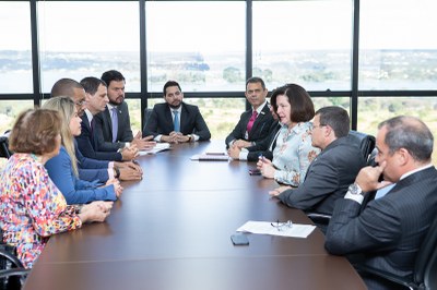 Foto mostra os participantes da reunião sentados em volta de uma mesa retangular