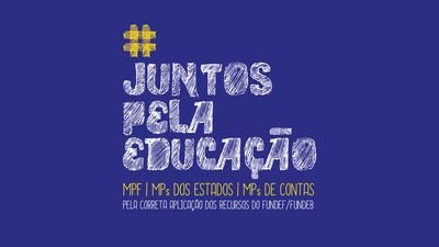 Arte traz a hashtag #JuntospelaEducação com letras amarelas aplicadas sobre fundo azul