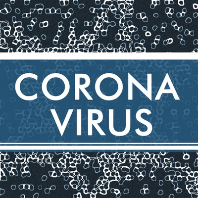 Arte com fundo azul e detalhes do coronavírus em branco, escrito coronavírus em branco