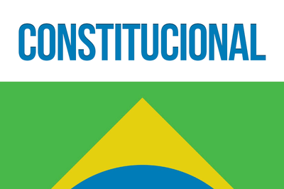 Arte retangular sobre foto de parte da capa da Constituição Federal do Brasil. Em cima, está escrito Constitucional na cor azul.