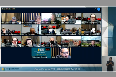 Print da tela de transmissão da sessão da corte especial do superior tribunal de justiça. A tela mostra um mosaico com os participantes da sessão.