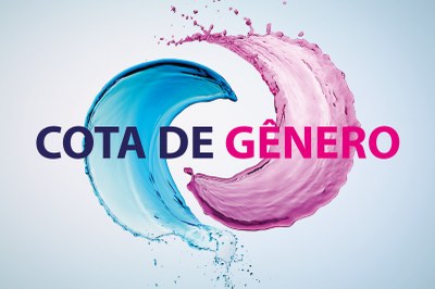 Imagem retangular com fundo cinza e a expressão cota de gênero escrita com as cores azul e rosa em cima de duas pinceladas curvadas de tinta nas cores azul e rosa