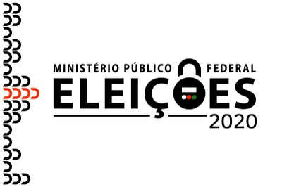 arte retangular escrito ao centro ministério público federal eleições 2020, ao centro, na cor preta. Há desenhos na lateral esquerda do aro de cadeado.