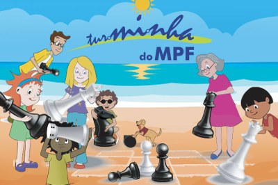 Ilustração com oito personagens da Turminha na praia. Desenhado na areia, há um tabuleiro de xadrez onde eles brincam com as peças do jogo