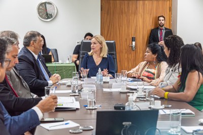 Foto mostra mesa de reunião da coordenadora da 6CCR, Eliana Torelly, com o ministro da Justiça, Flávio Dino, a ministra dos Povos Indígenas, Sônia Guajajara, e integrantes do Poder Executivo e do Ministério Público Federal.
