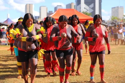 grupo de indígenas realizando dança/ritual em gramado no centro de Brasília