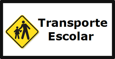 Símbolo de área escolar do Código de Trânsito Brasileiro, sobre um fundo branco. No retângulo, além da ilustração está escrito: Transporte Escolar. 