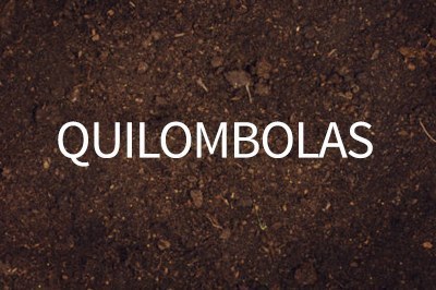 Arte retangular com fundo marrom, mostrando a terra, e, em primeiro plano, a  palavra "Quilombolas" escrita em letras brancas