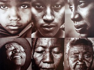 Montagem com o rosto de seis pessoas negras: crianças, jovens e idosos