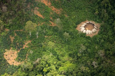 Foto aérea mostra conjunto de casas indígenas rodeado pela floresta 