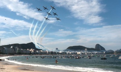 Imagem do evento de 7 de setembro em Copacabana com a apresentação da esquadrilha da fumaça sobre o mar