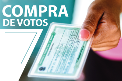 Imagem de uma mão esticada apresentando o título de eleitor e o texto Compra de Votos